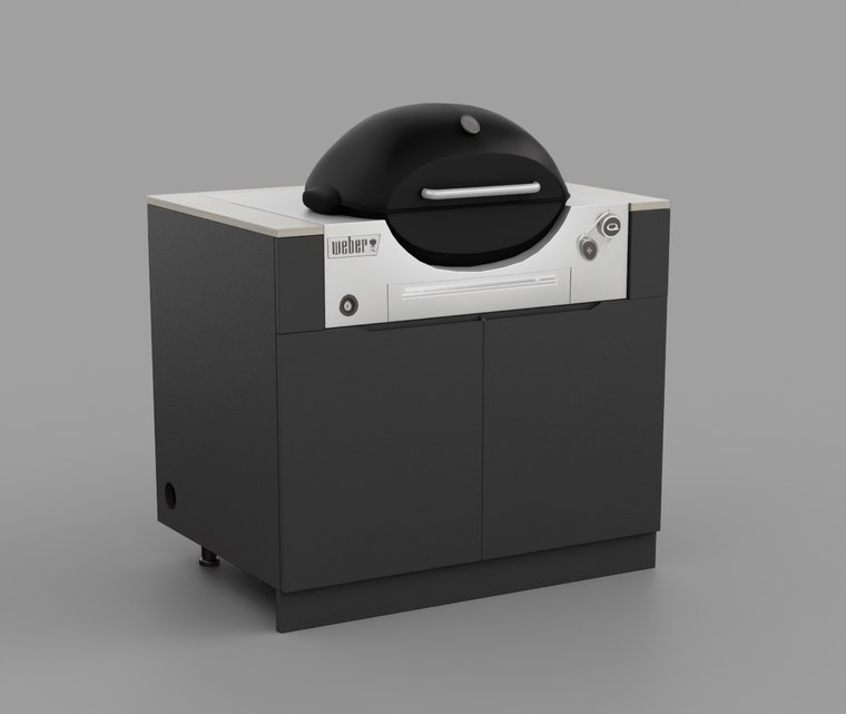Forge Outdoor Weber Q3600 Cabinet FO-W950, 950mm, with the Weber Q3600 fitted into the niche and cream sintered stone benchtop