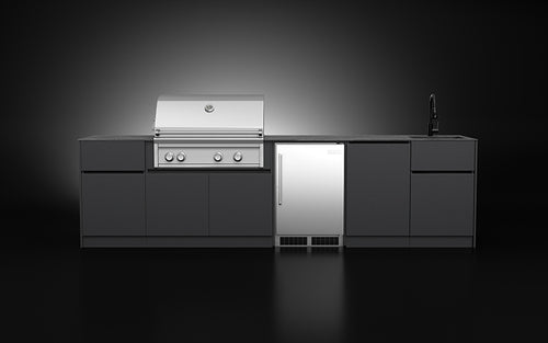 Forge Outdoor Compact 3.35m straight-run aluminium outdoor kitchen with 91cm BBQ, sink and fridge bay