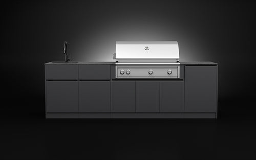 Forge Outdoor Compact 2.85m straight-run aluminium outdoor kitchen with 120cm BBQ bay and sink
