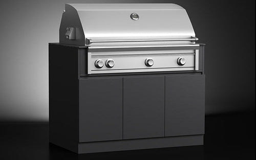 Black outdoor BBQ cabinet on a dark background
