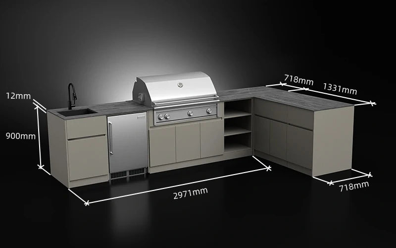 Forge Outdoor Host 3.7m by 2m L-shape aluminium outdoor kitchen - configuration view