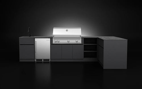 Forge Outdoor Host 3.7m by 2m L-shape aluminium outdoor kitchen with 120cm BBQ and fridge bay