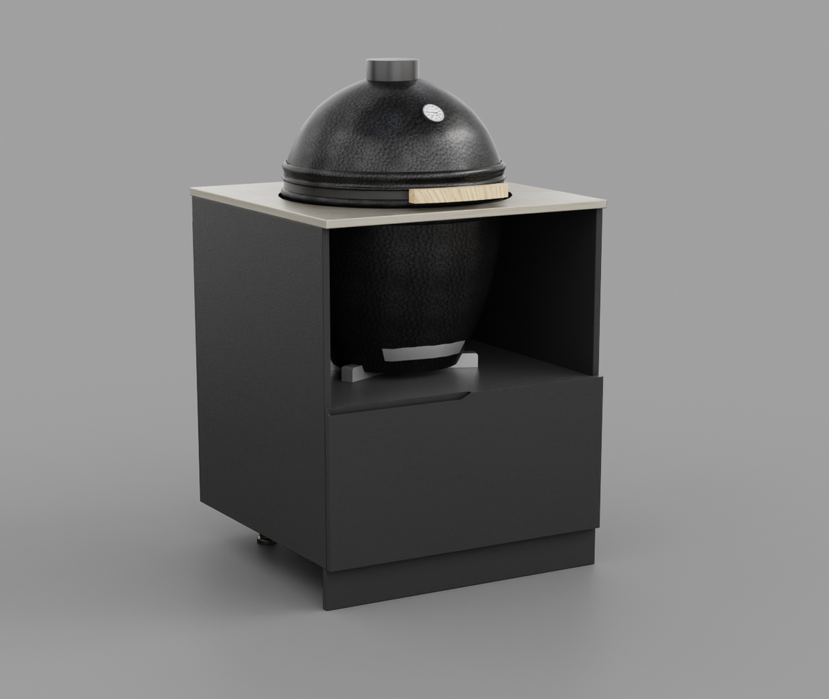Forge Outdoor Kamado Cabinet FO-K780-ST at an angle, kamado seated with the open niche and drawer below