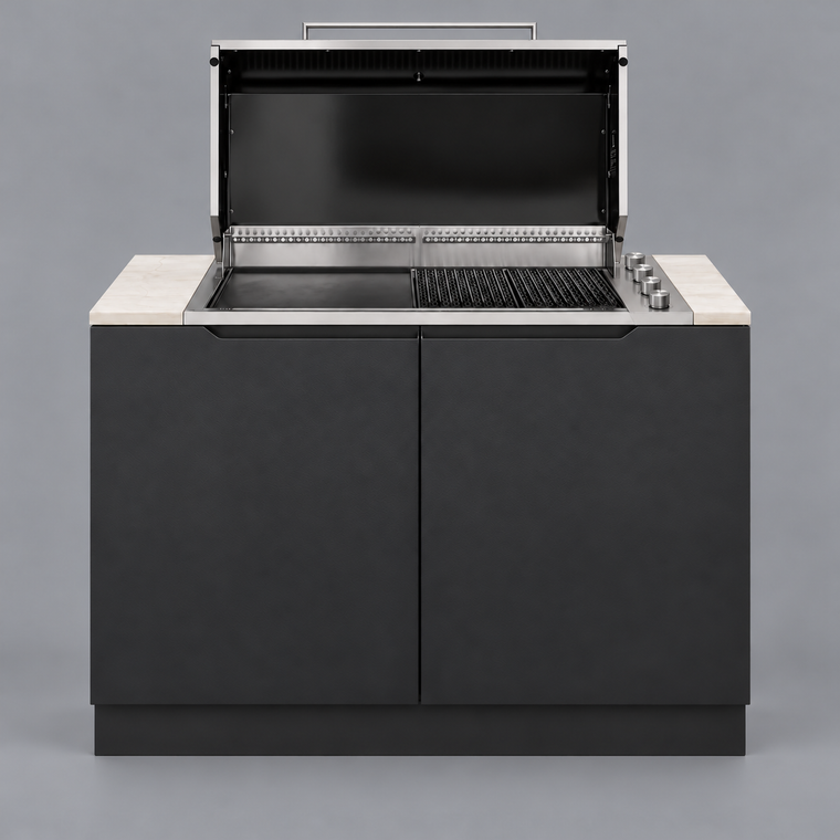 Forge Artusi ABBQ2MB cabinet with wider spaced control knobs and front setback, illustrative render