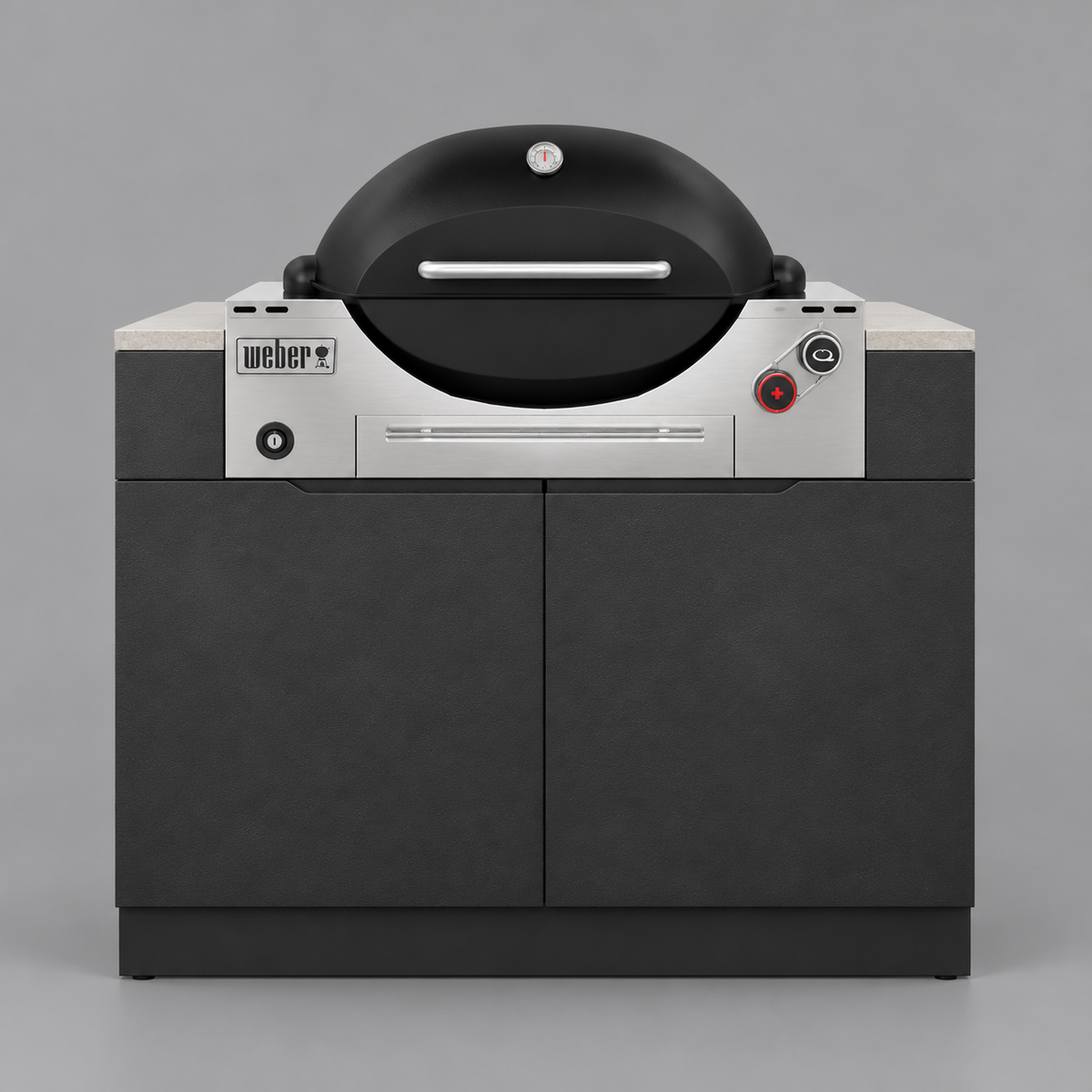 Forge Outdoor Weber Q3600 cabinet, slightly raised stainless vent surround, illustrative render