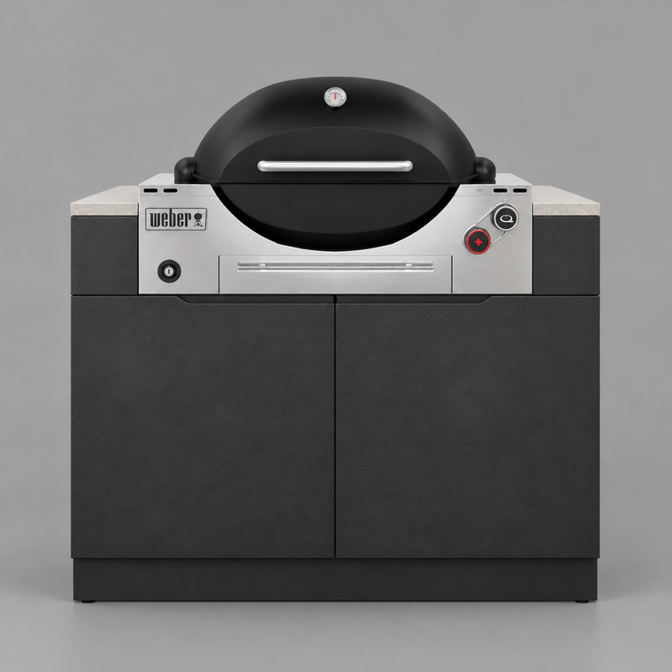 Forge Outdoor Weber Q3600 cabinet, slightly raised stainless vent surround, illustrative render