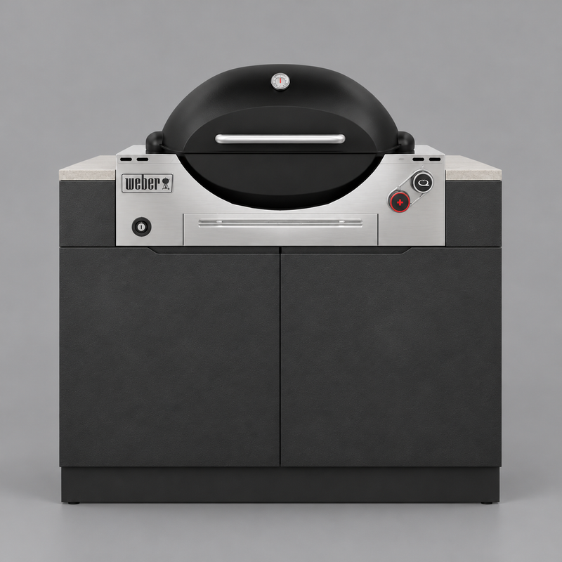 Forge Outdoor Weber Q3600 cabinet, slightly raised stainless vent surround, illustrative render